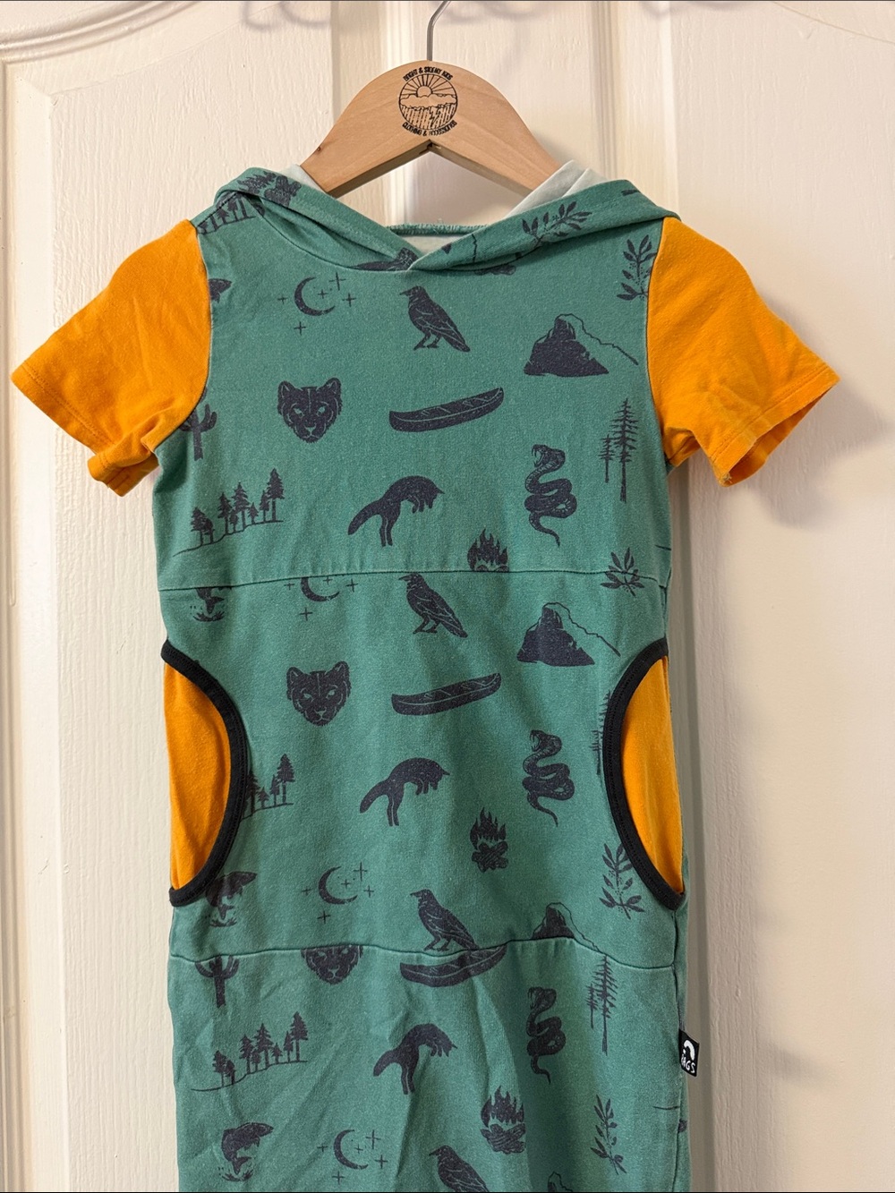 Rags Green & Mustard Hooded Kids Romper with Forest Animal Print Size 2T
